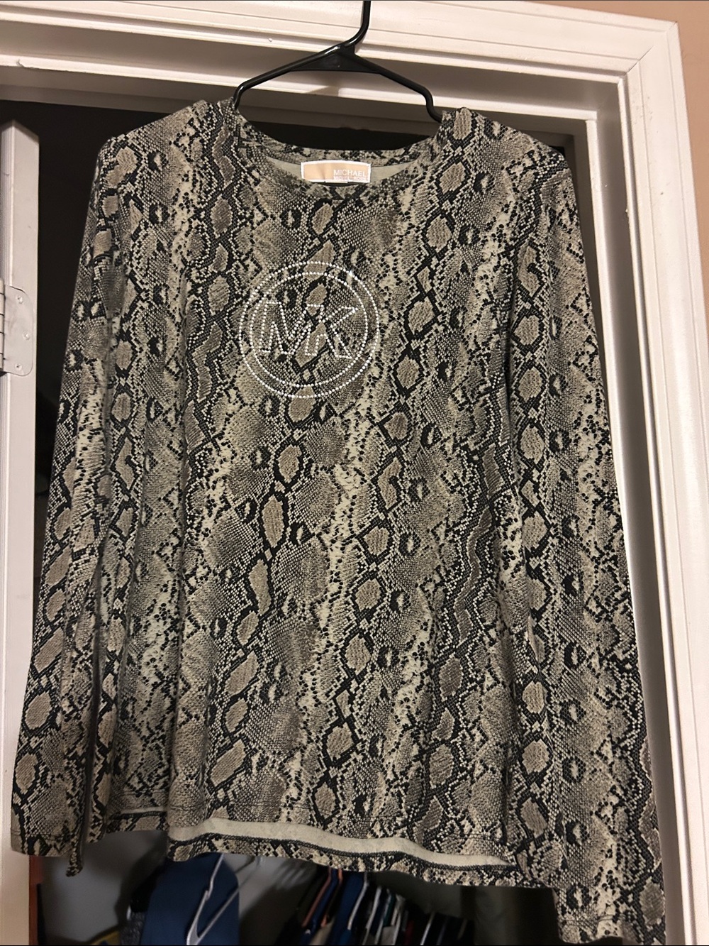 Michael Kors Snake-Print Long Sleeve Top in Black and Cream